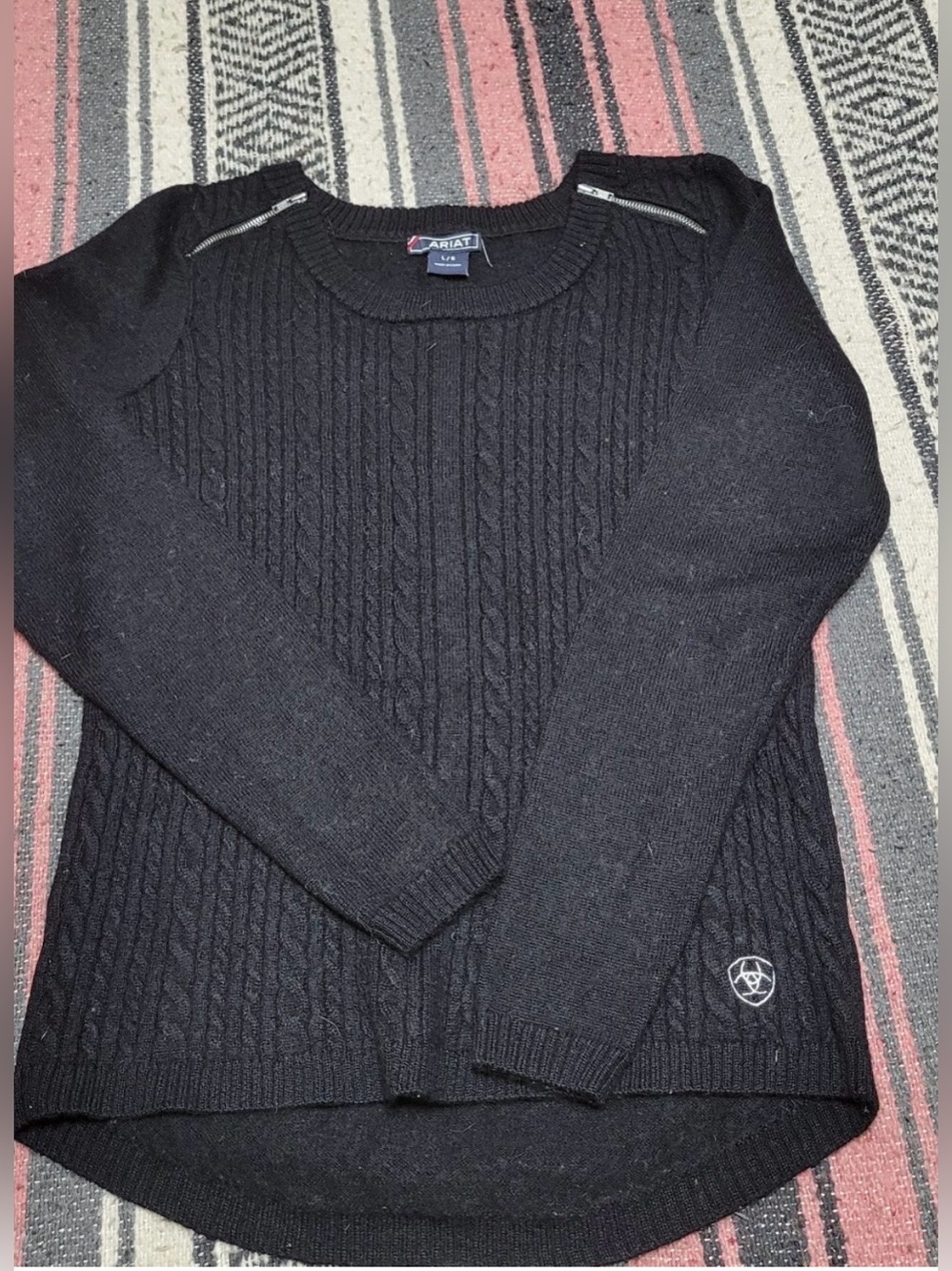 Ariat Black Cable-Knit Crewneck Sweater with Shoulder Zippers